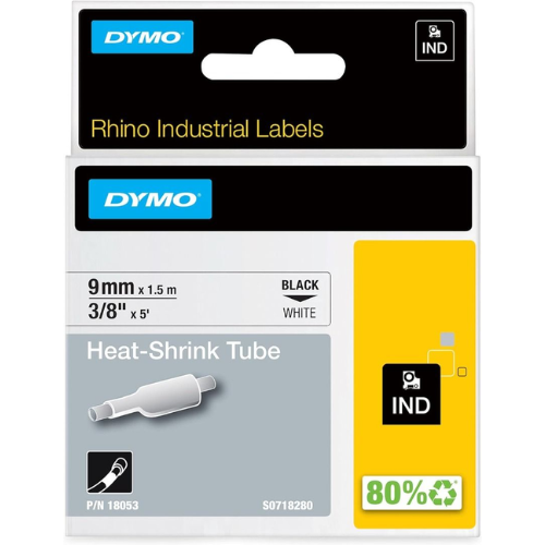 Dymo 18053 Industrial Heat Shrink Tubes, Black on White, 9mm