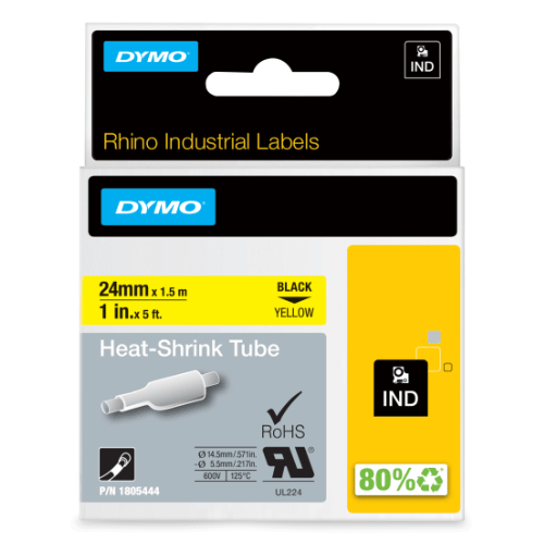 Dymo 1805444 Industrial Heat Shrink Tubes, Black on Yellow, 24mm