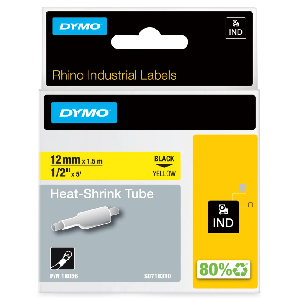 Dymo 18056 Industrial Heat Shrink Tubes, Black on Yellow, 12mm