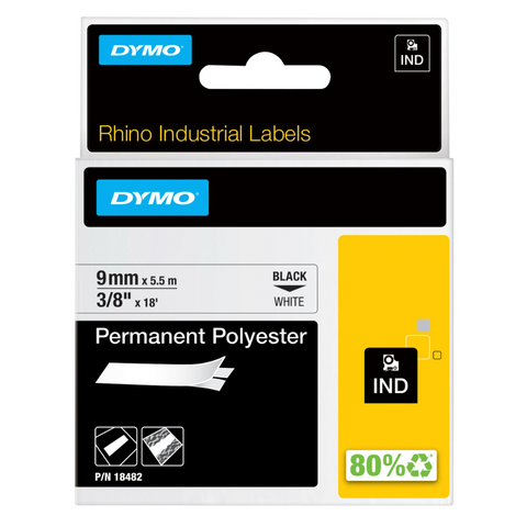 Dymo 18482 Industrial Permanent Polyester Labels, Black on White, 9mm