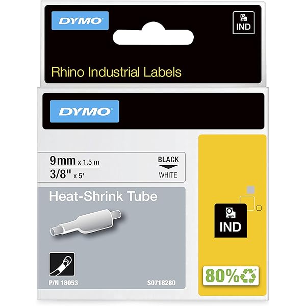 Dymo 18055 Industrial Heat Shrink Tubes, Black on White, 12mm