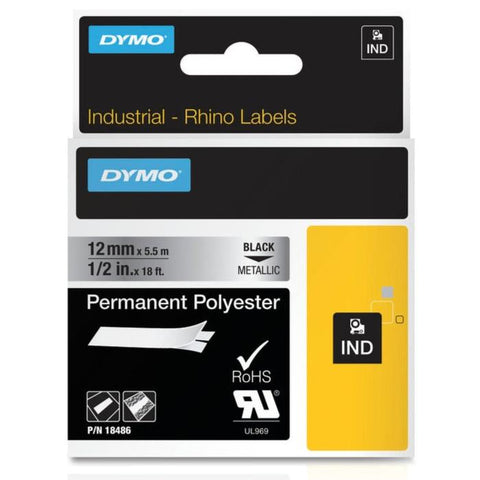 Dymo 18486 Industrial Permanent Labels, Black on Metallic, 12mm